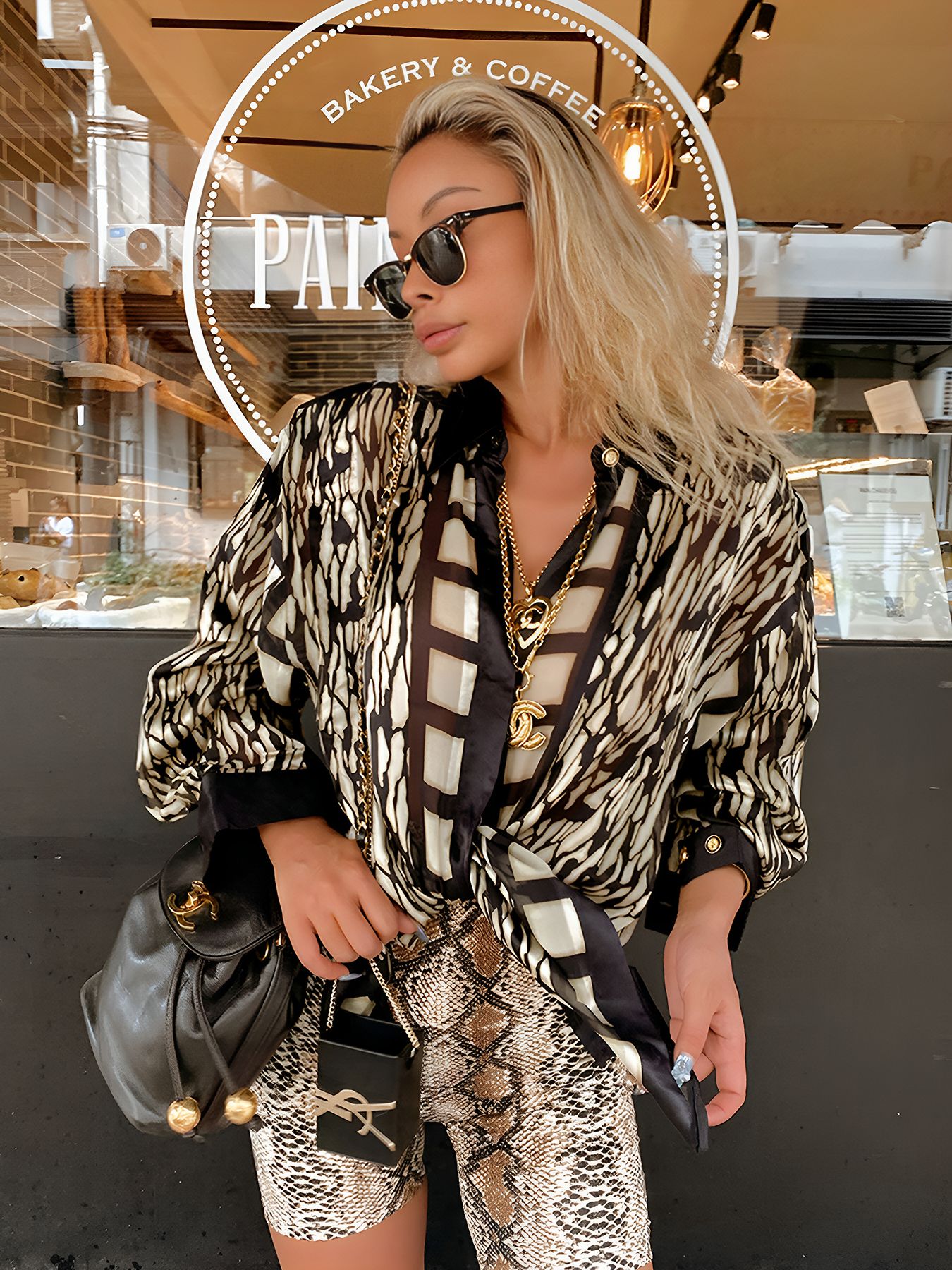 Women's snake print high-rise hip-hugging stretch leggings yoga gym shorts Brown S