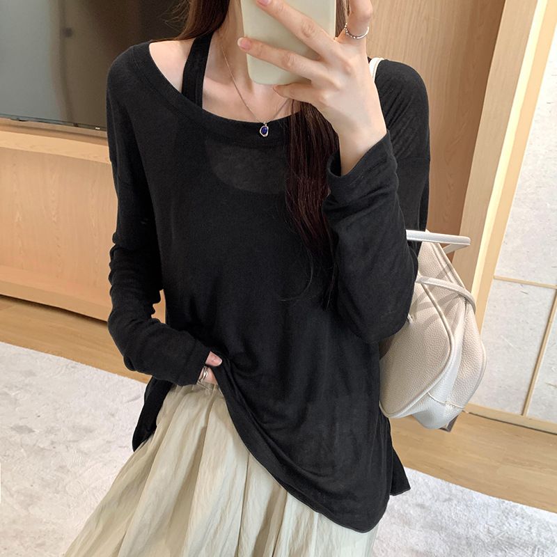 Lazy and relaxed thin sleeveless vest long sleeved T-shirt two-piece set for women 2025 early autumn new sunscreen cover black S
