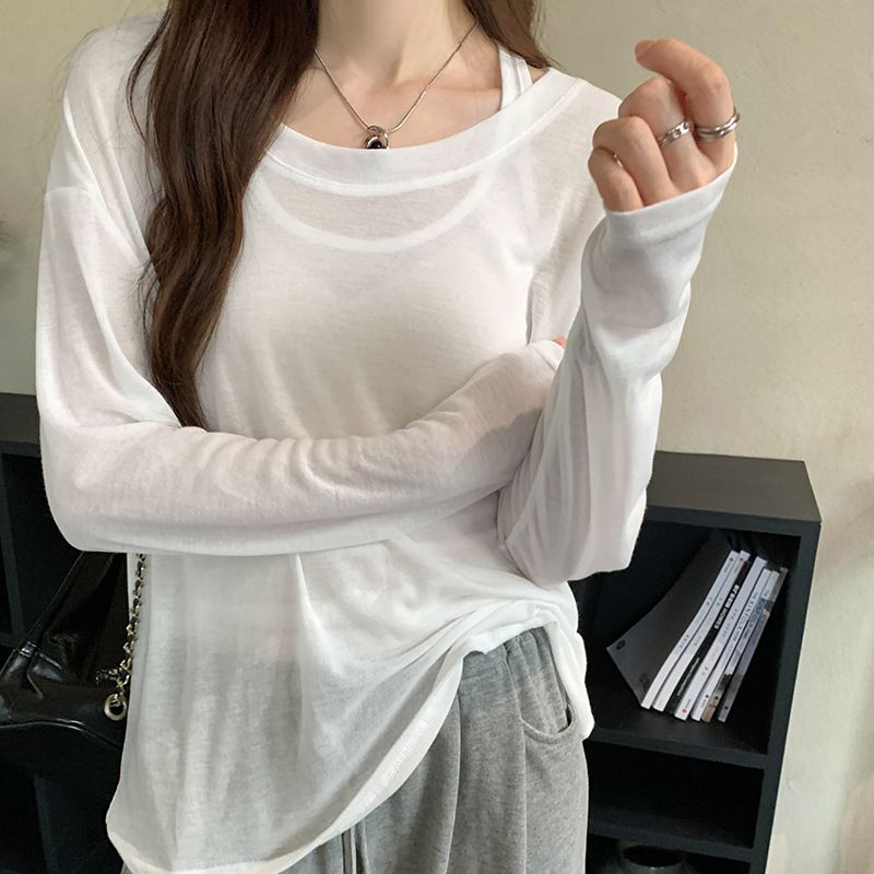 Lazy and relaxed thin sleeveless vest long sleeved T-shirt two-piece set for women 2025 early autumn new sunscreen cover black S