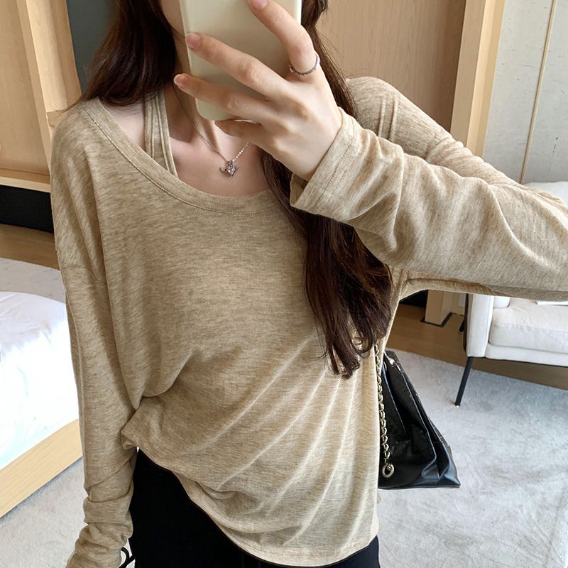 Lazy and relaxed thin sleeveless vest long sleeved T-shirt two-piece set for women 2025 early autumn new sunscreen cover black S