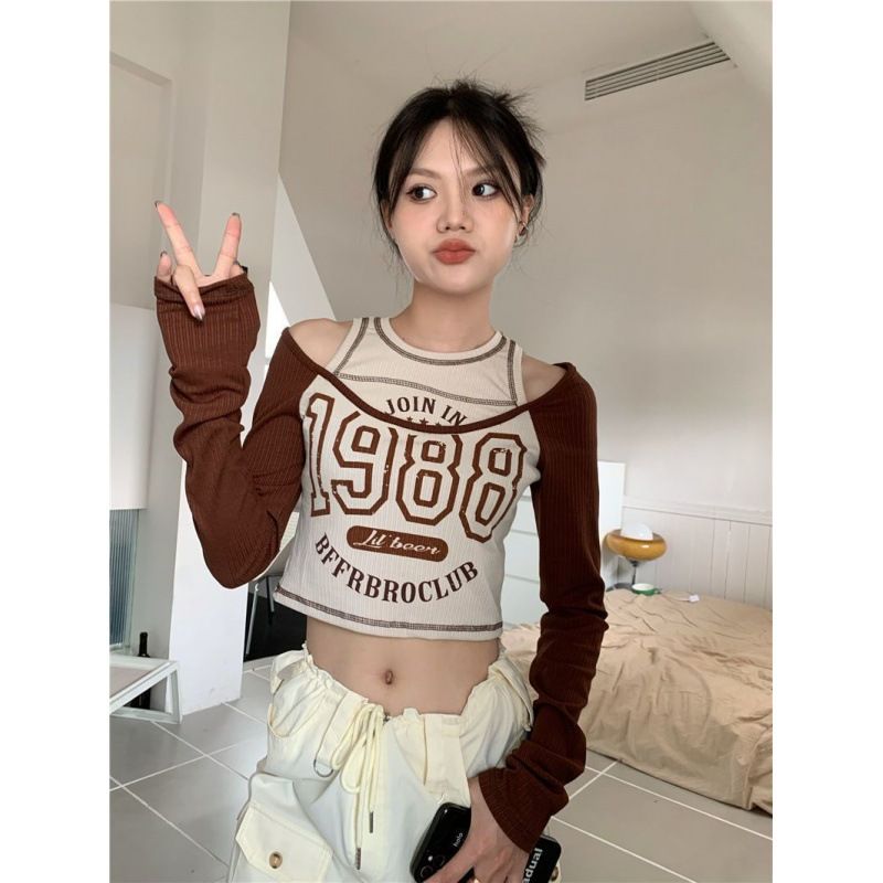 2*PC Personalized Sweet Cool Fake Two piece Long Sleeve T-shirt for Women in Spring and Autumn, Pure Desire Style, Spicy Girl, Show off Thin, High Waist, Exposed Umbilical, Unique Top blue S