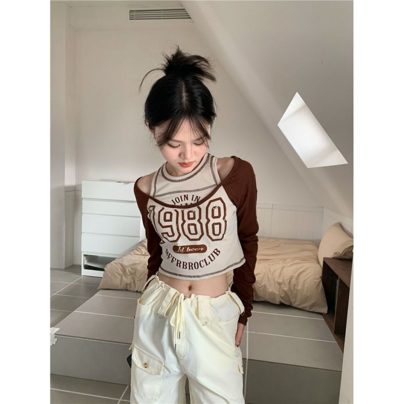 2*PC Personalized Sweet Cool Fake Two piece Long Sleeve T-shirt for Women in Spring and Autumn, Pure Desire Style, Spicy Girl, Show off Thin, High Waist, Exposed Umbilical, Unique Top blue S