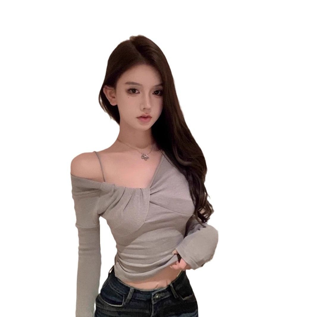 2*PC New irregular V-neck off shoulder long sleeved T-shirt for women, slim fit, small stature, spicy girl, short style, inner layer, bottom layer, top for women grey S
