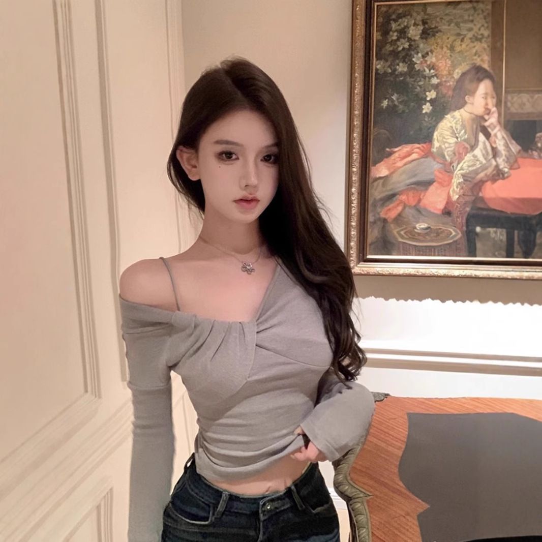 2*PC New irregular V-neck off shoulder long sleeved T-shirt for women, slim fit, small stature, spicy girl, short style, inner layer, bottom layer, top for women grey S