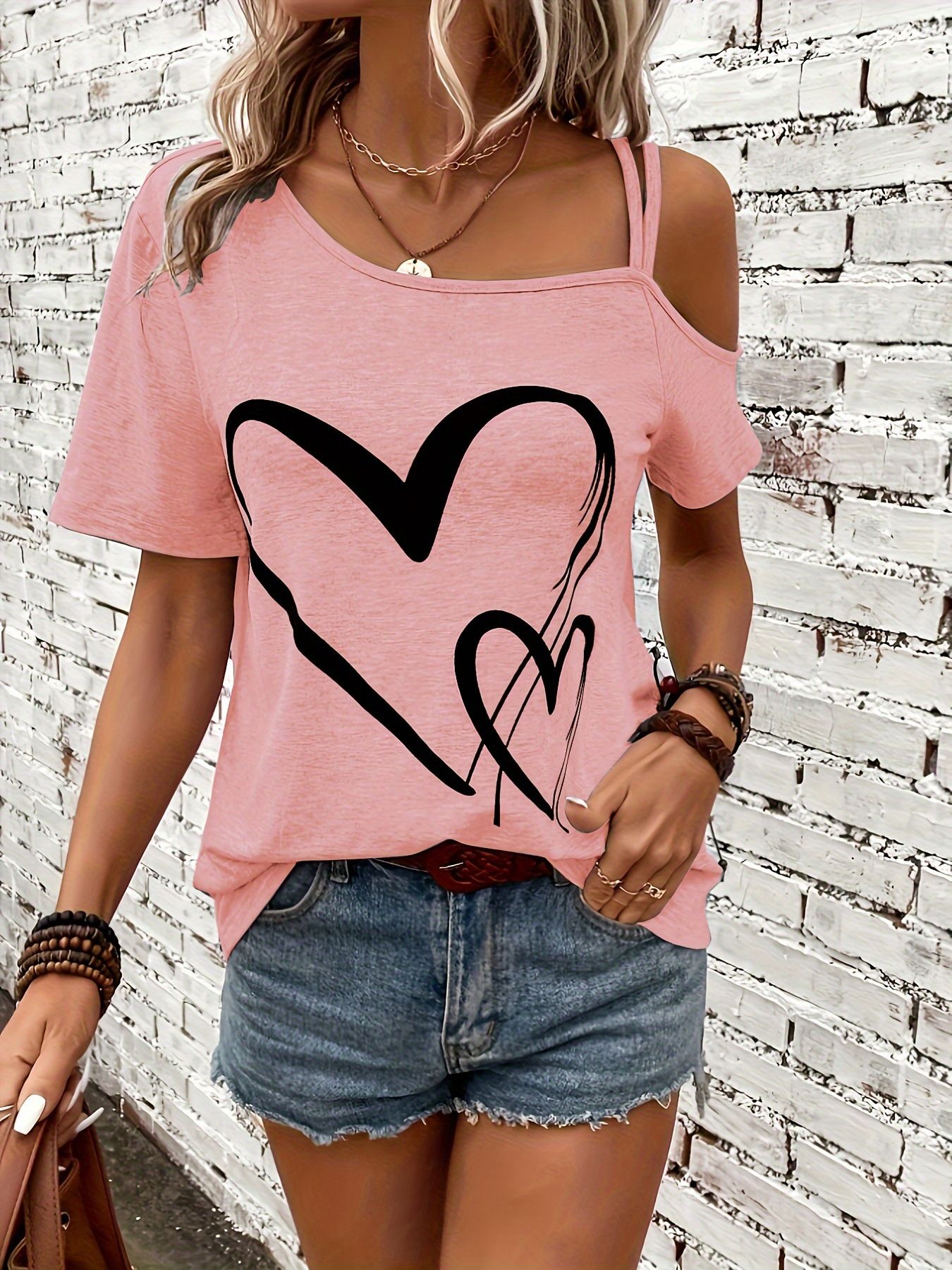 Cross border hot selling plus size women's casual asymmetrical collar with heart-shaped printed suspender and elastic short sleeved shirt from Europe and America pink S