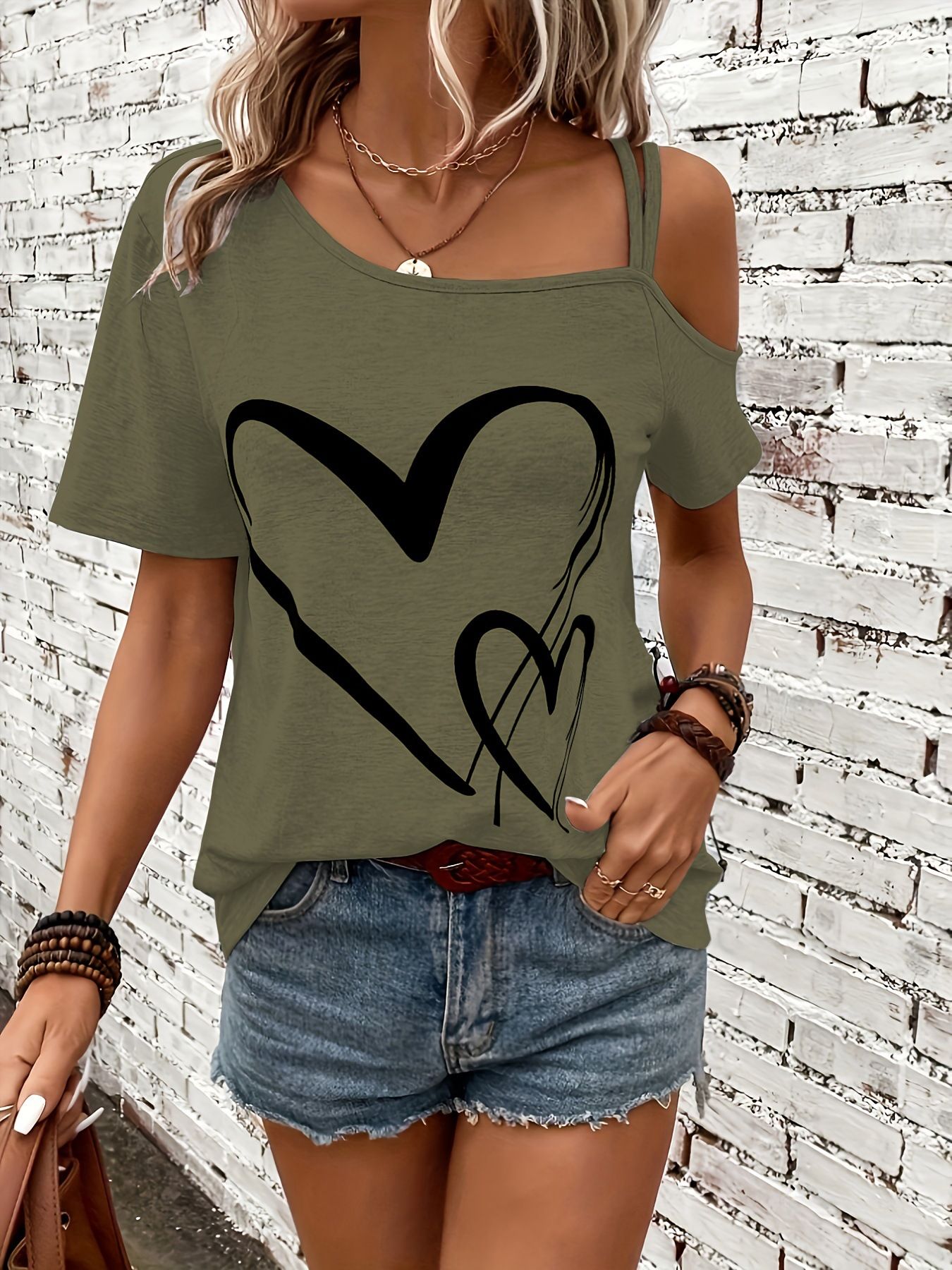 Cross border hot selling plus size women's casual asymmetrical collar with heart-shaped printed suspender and elastic short sleeved shirt from Europe and America pink S