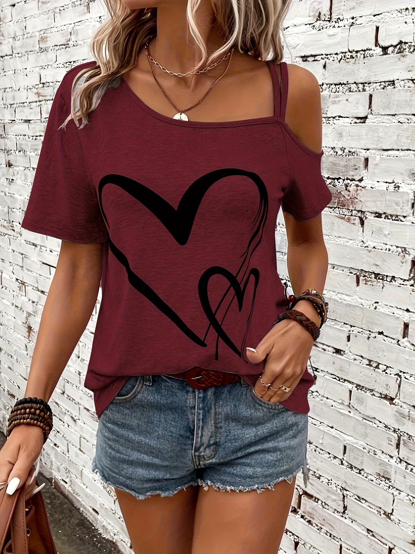 Cross border hot selling plus size women's casual asymmetrical collar with heart-shaped printed suspender and elastic short sleeved shirt from Europe and America pink S