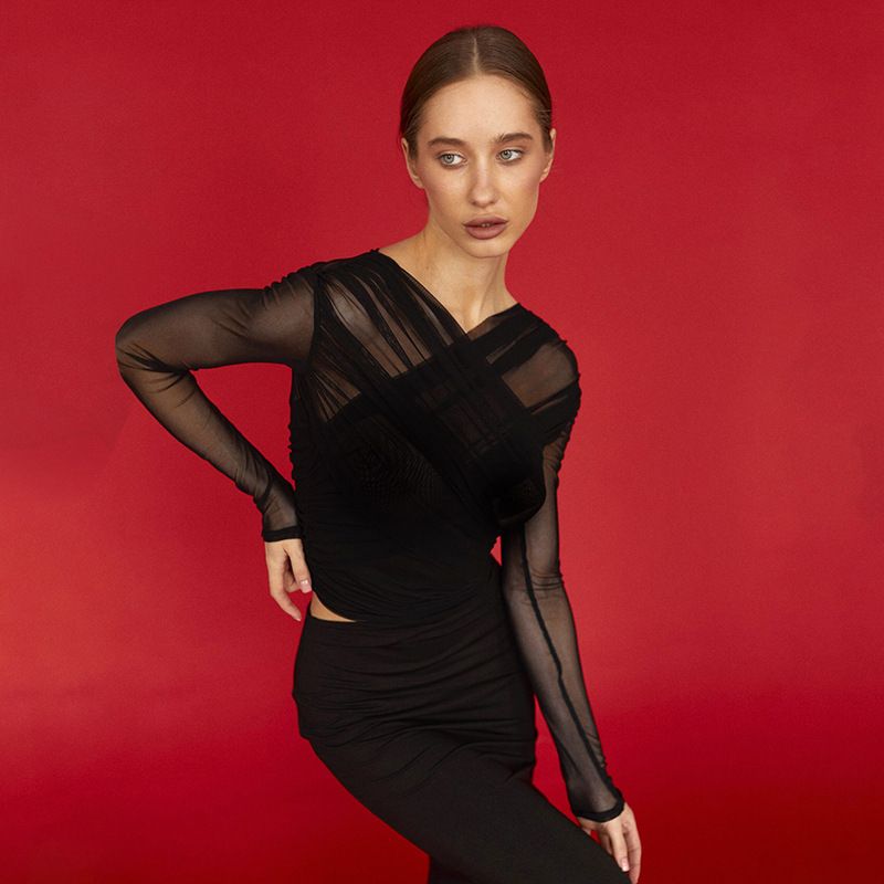 European and American women's clothing autumn Amazon new solid color mesh sexy pleated long sleeved T-shirt top for women Hei S