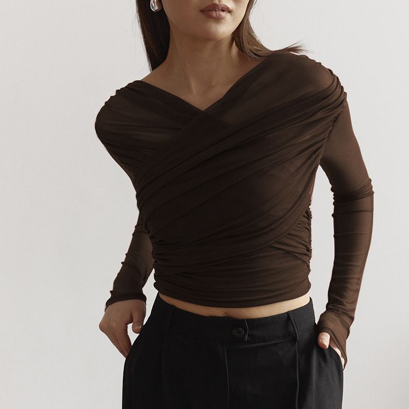 European and American women's clothing autumn Amazon new solid color mesh sexy pleated long sleeved T-shirt top for women Hei S