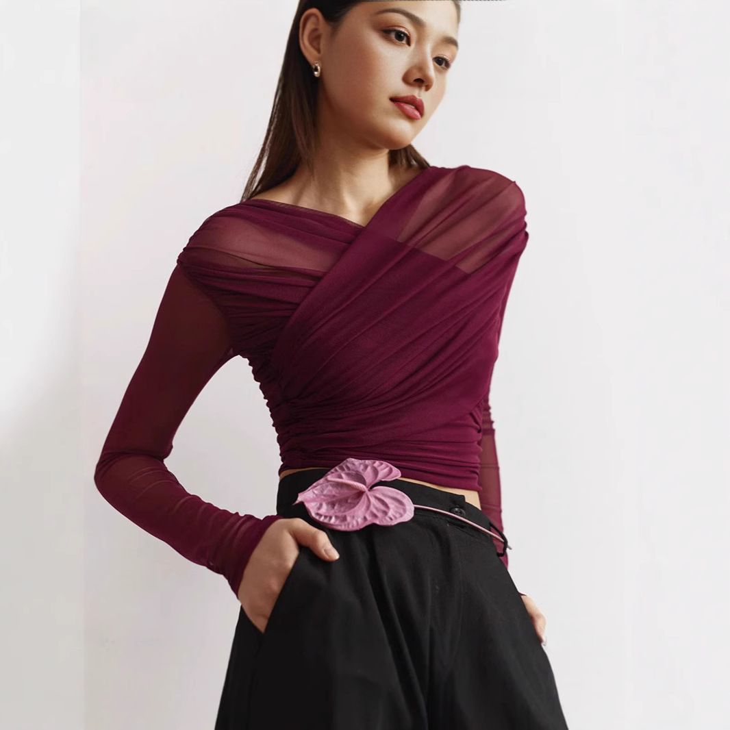 European and American women's clothing autumn Amazon new solid color mesh sexy pleated long sleeved T-shirt top for women Hei S