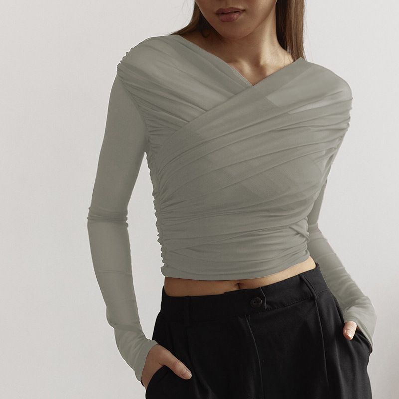 European and American women's clothing autumn Amazon new solid color mesh sexy pleated long sleeved T-shirt top for women Hei S