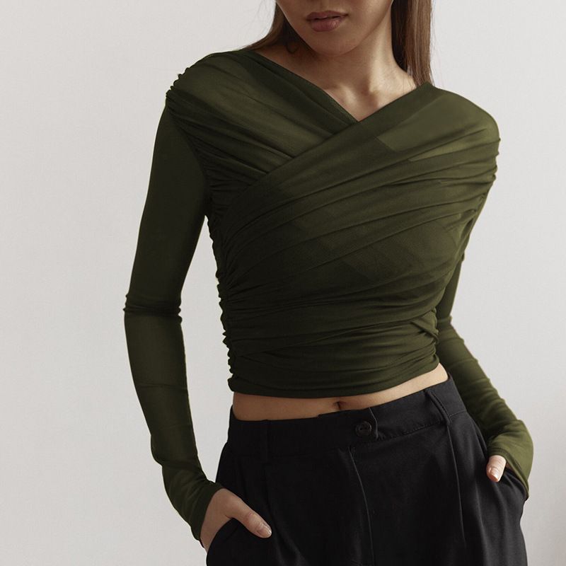 European and American women's clothing autumn Amazon new solid color mesh sexy pleated long sleeved T-shirt top for women Hei S