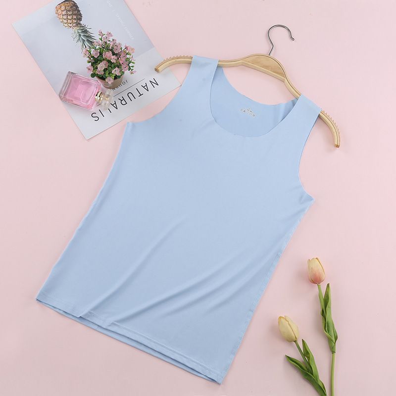 Thin women's ice silk seamless vest women's summer milk silk round neck base shirt blue S