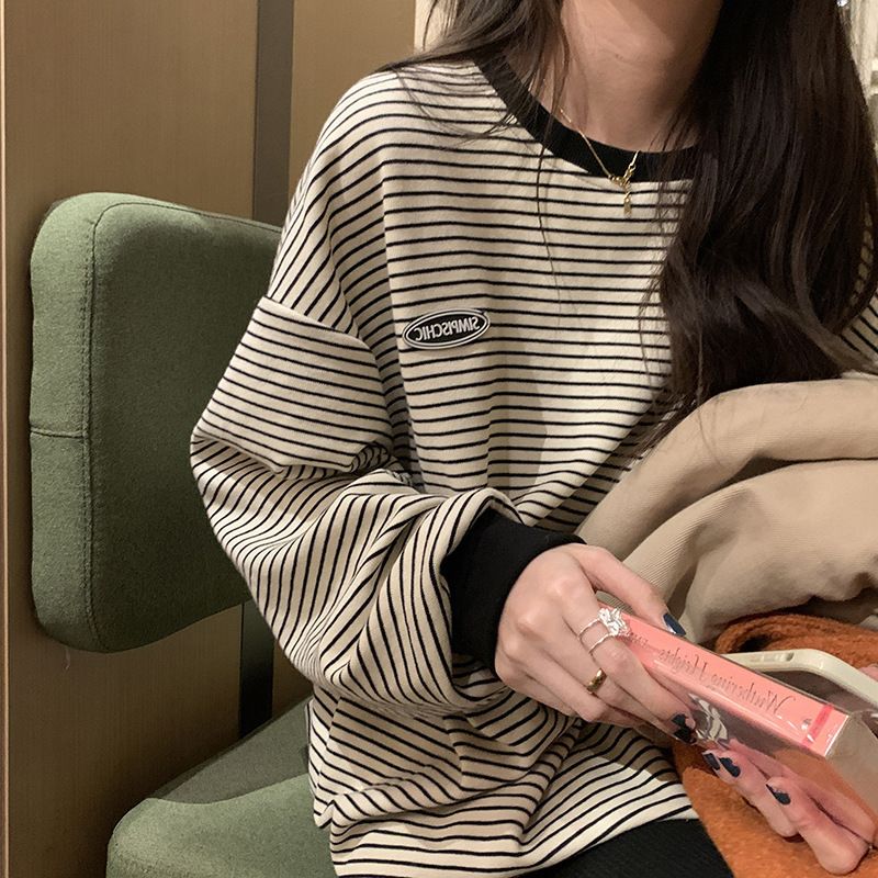 2023 autumn new round neck long sleeved sweatshirt for women, Korean version, upper garment, women's clothing, foreign trade striped T-shirt, base garment for women black M