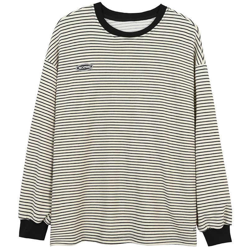 2023 autumn new round neck long sleeved sweatshirt for women, Korean version, upper garment, women's clothing, foreign trade striped T-shirt, base garment for women black M