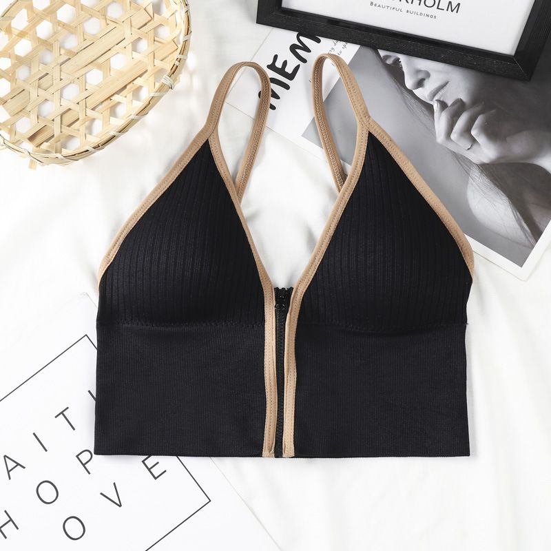 Hot selling deep V front zipper camisole with beautiful back vest and chest cushion, wrapped around the chest, sports yoga base, short U-shaped underwear for women black one size fits all