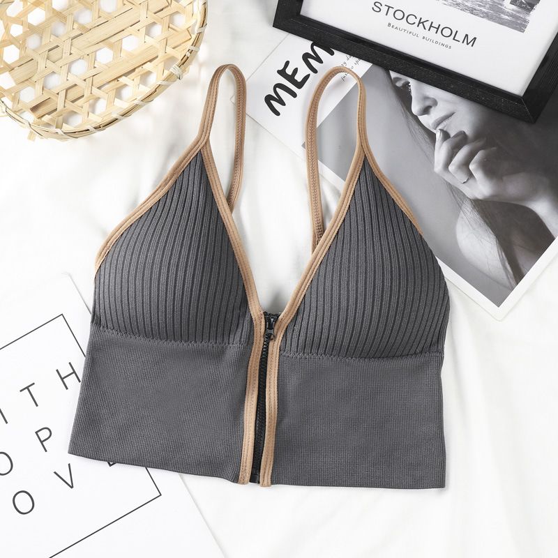 Hot selling deep V front zipper camisole with beautiful back vest and chest cushion, wrapped around the chest, sports yoga base, short U-shaped underwear for women black one size fits all