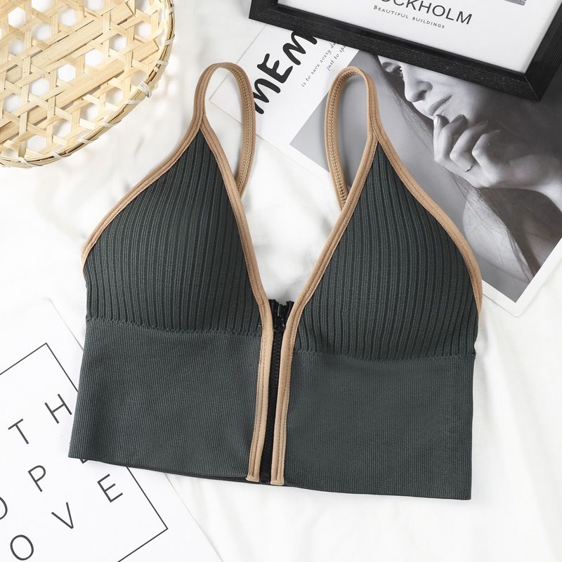Hot selling deep V front zipper camisole with beautiful back vest and chest cushion, wrapped around the chest, sports yoga base, short U-shaped underwear for women black one size fits all