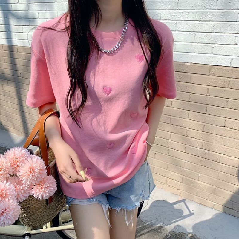 Short-sleeved T-shirt Women's 2023 Summer Dress New Style Round Neck Love Embroidered Loose Korean Top Cross-border Wholesale Blue M