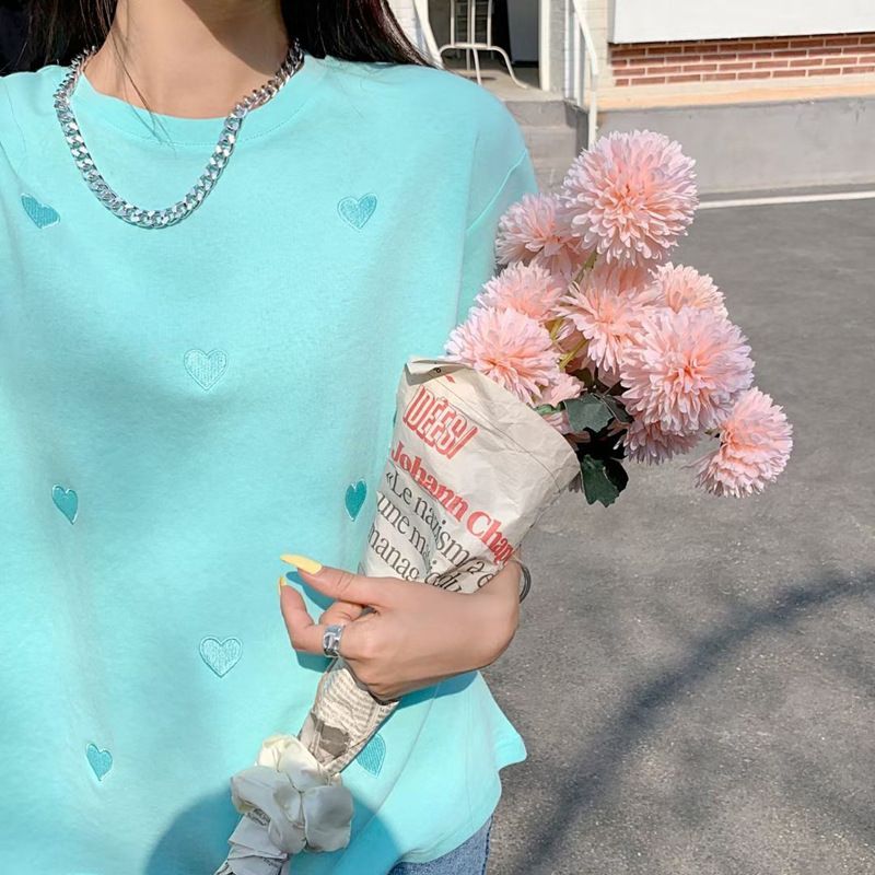 Short-sleeved T-shirt Women's 2023 Summer Dress New Style Round Neck Love Embroidered Loose Korean Top Cross-border Wholesale Blue M