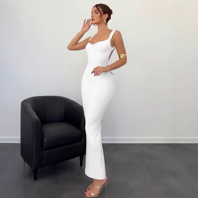 Europe and the United States cross-border sexy big backless dress hot girl bow dress temperament niche design women's independent station White S