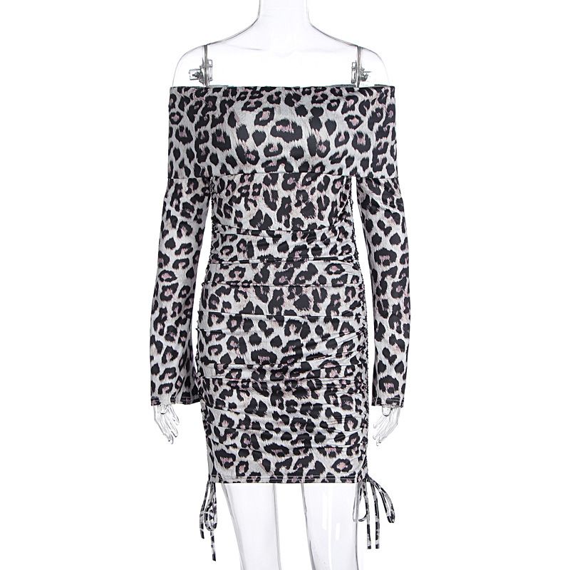 European and American Amazon New Women's Shoulder Long-Sleeved Women's Leopard Print Sexy Hot Girl Slim-Fit Drawstring Hip Dress Leopard print S