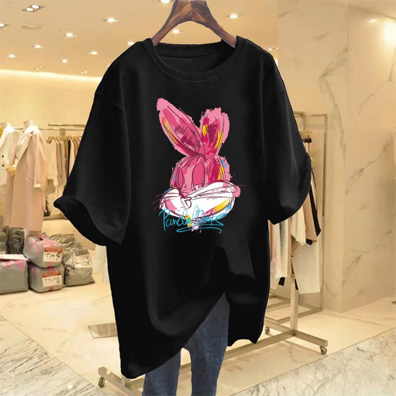 Dragon Fruit Color Short-sleeved T-shirt Women's Spring and Summer Dopamine Wear Rabbit Printed Large Mid-length Butt-covering Top Black S