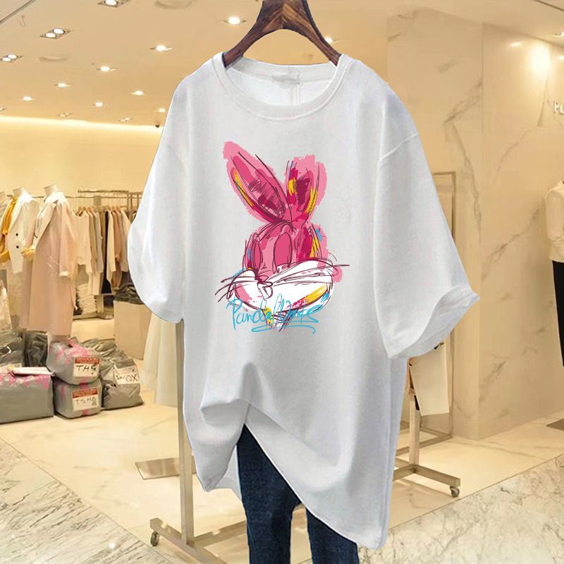 Dragon Fruit Color Short-sleeved T-shirt Women's Spring and Summer Dopamine Wear Rabbit Printed Large Mid-length Butt-covering Top Black S