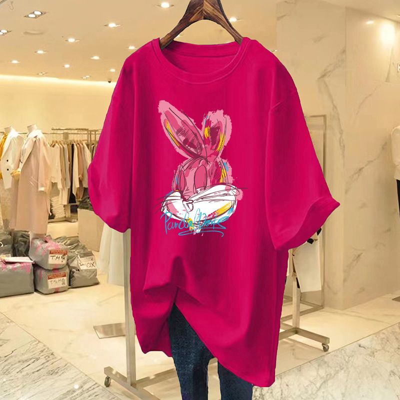 Dragon Fruit Color Short-sleeved T-shirt Women's Spring and Summer Dopamine Wear Rabbit Printed Large Mid-length Butt-covering Top Black S
