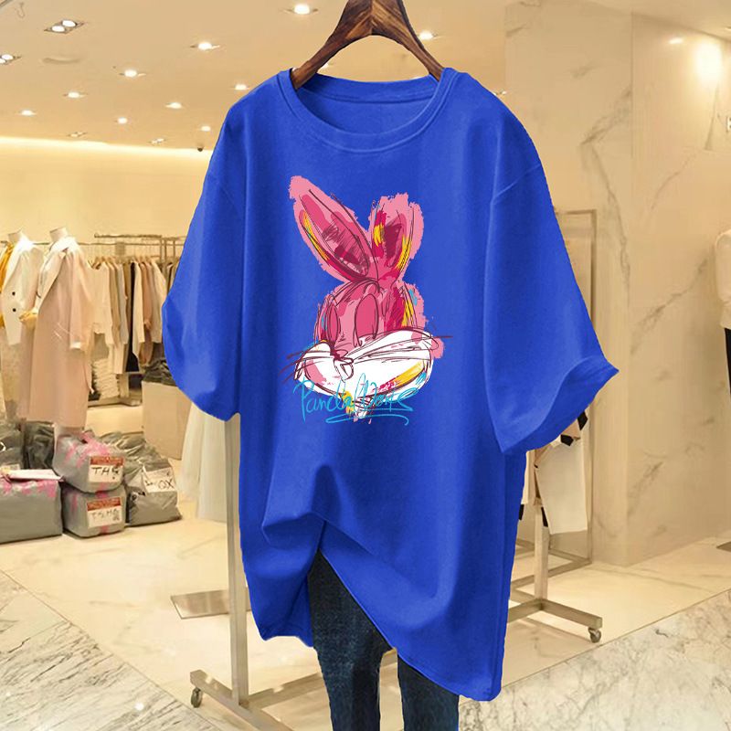 Dragon Fruit Color Short-sleeved T-shirt Women's Spring and Summer Dopamine Wear Rabbit Printed Large Mid-length Butt-covering Top Black S