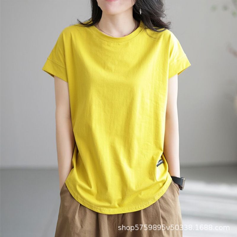 Casual Labeling Retro Short-sleeved T-shirt Women's Loose Slimming Elegant Age-reducing Hollow Base Shirt Spring and Summer Top for Women Yellow M