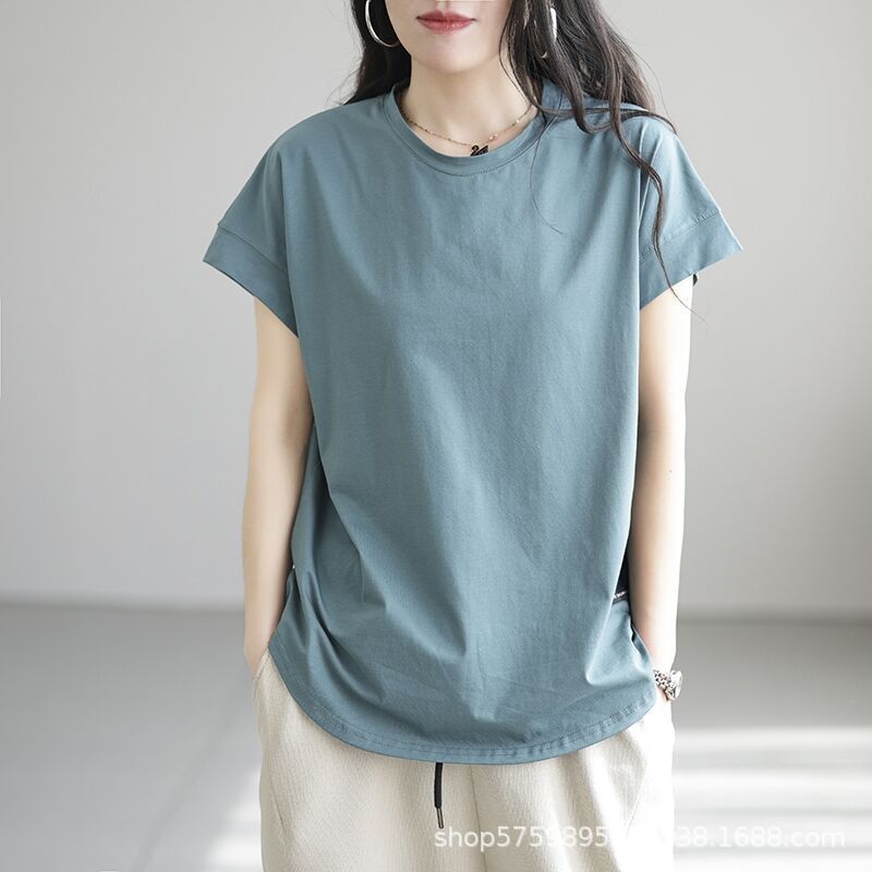 Casual Labeling Retro Short-sleeved T-shirt Women's Loose Slimming Elegant Age-reducing Hollow Base Shirt Spring and Summer Top for Women Yellow M