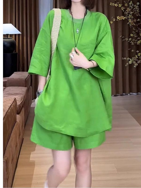 Cotton Linen Fashion Short-sleeved Shorts suit Two-piece Set Summer New All-match Solid Color Artistic Retro Loose Women's Trendy Green M