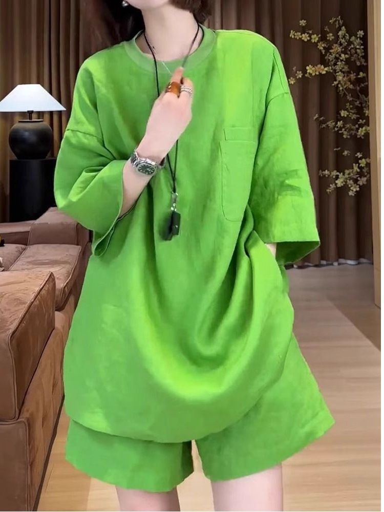 Cotton Linen Fashion Short-sleeved Shorts suit Two-piece Set Summer New All-match Solid Color Artistic Retro Loose Women's Trendy Green M