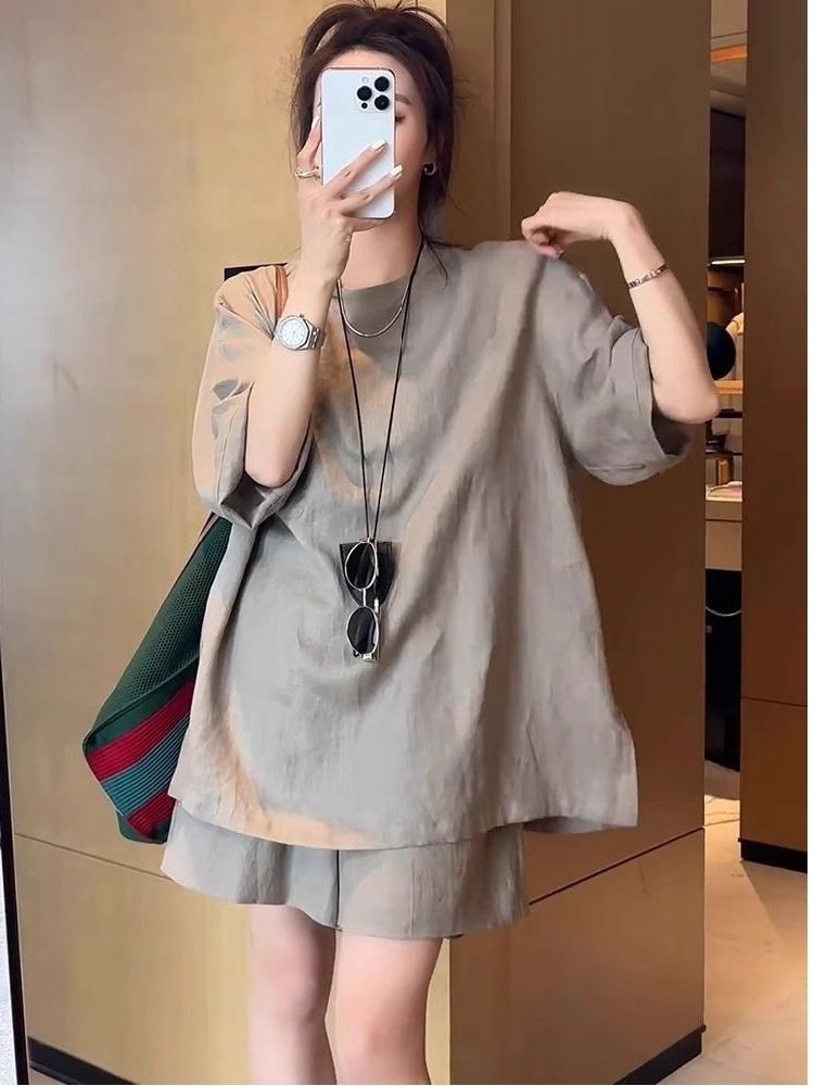 Cotton Linen Fashion Short-sleeved Shorts suit Two-piece Set Summer New All-match Solid Color Artistic Retro Loose Women's Trendy Green M