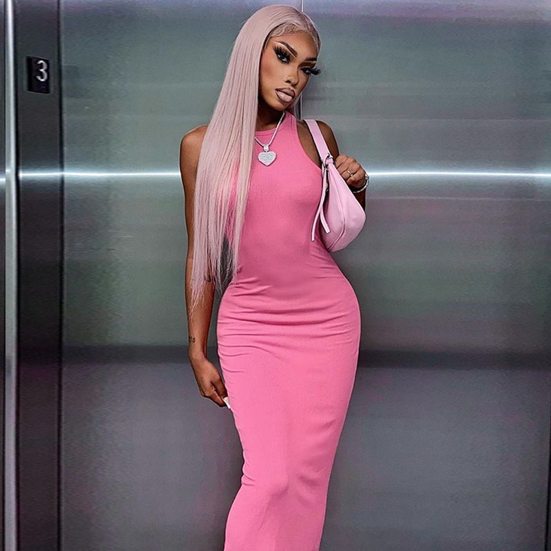 New fashionable solid-color sleeveless round-neck form-fitting dresses for women in European and American styles, new arrivals for the spring of 2023, for foreign trade. Blue S