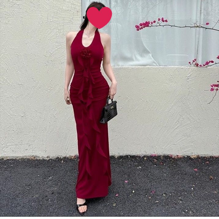 French Style Elegant Red Neck Sling dress Women's Summer New Hot Girl Sexy Backless Elegant Waist Long Dress Red S