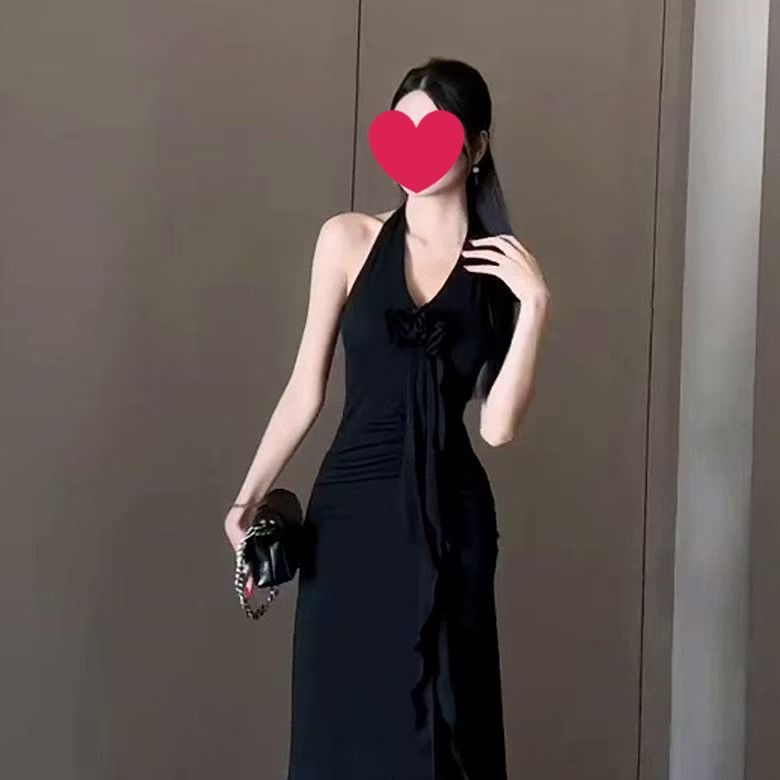 French Style Elegant Red Neck Sling dress Women's Summer New Hot Girl Sexy Backless Elegant Waist Long Dress Red S