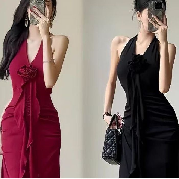 French Style Elegant Red Neck Sling dress Women's Summer New Hot Girl Sexy Backless Elegant Waist Long Dress Red S