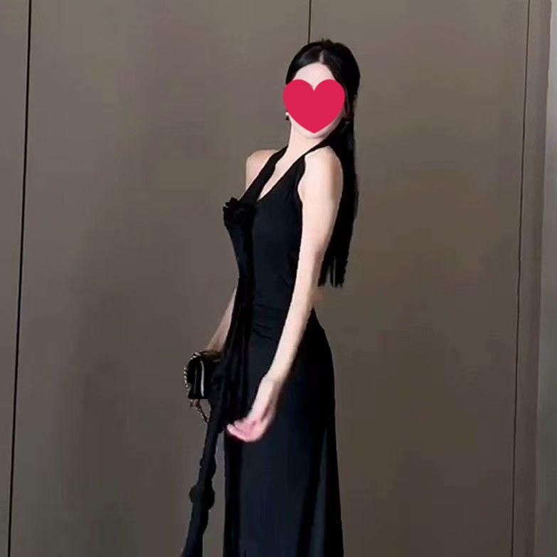 French Style Elegant Red Neck Sling dress Women's Summer New Hot Girl Sexy Backless Elegant Waist Long Dress Red S