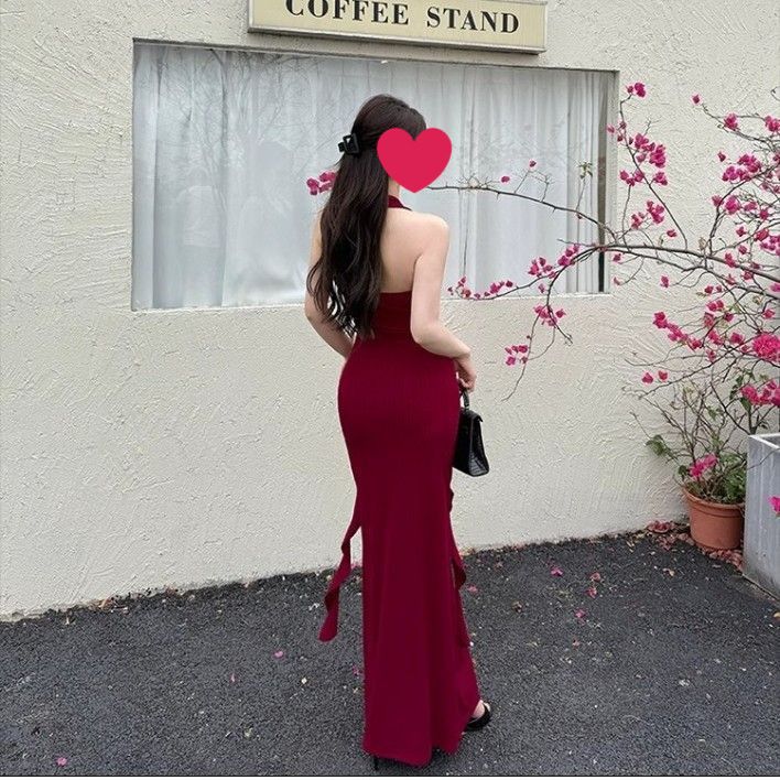 French Style Elegant Red Neck Sling dress Women's Summer New Hot Girl Sexy Backless Elegant Waist Long Dress Red S