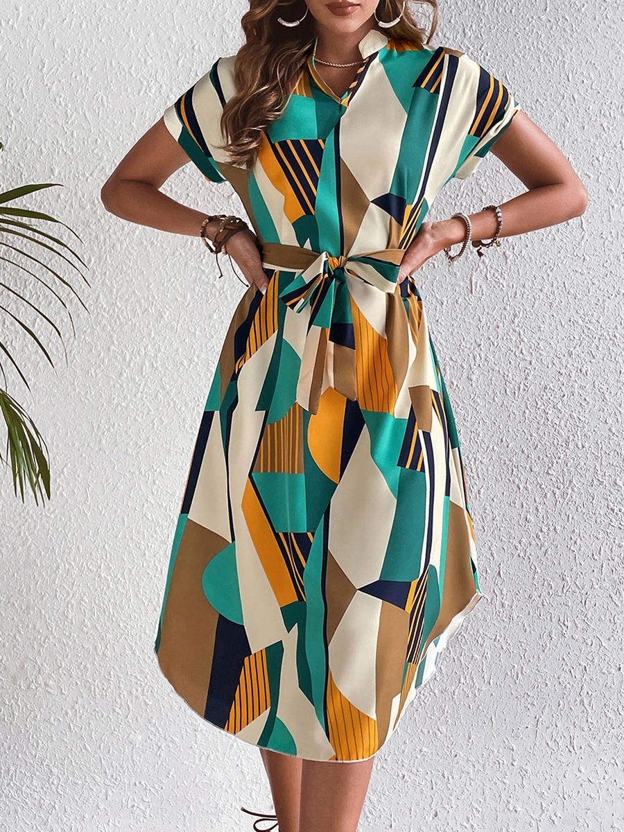 Cross-border independent station Foreign Trade women's clothing 2025 spring and summer European and American holiday color block dress belt short sleeve skirt Red S