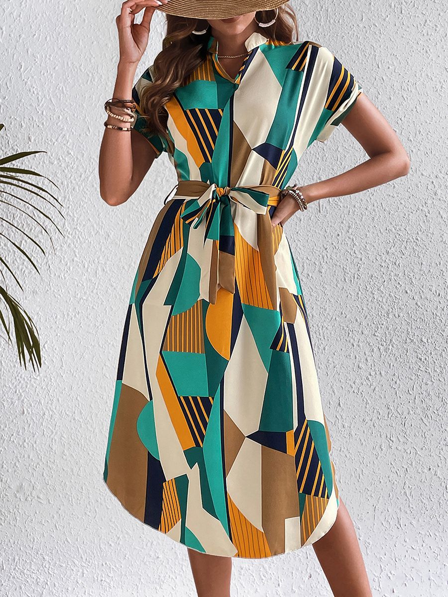 Cross-border independent station Foreign Trade women's clothing 2025 spring and summer European and American holiday color block dress belt short sleeve skirt Red S