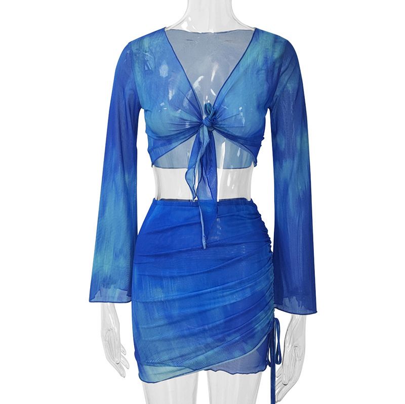 European and American women's tie dye printed V-neck strap mesh trumpet sleeve top skirt two-piece set with gradient beauty blue S