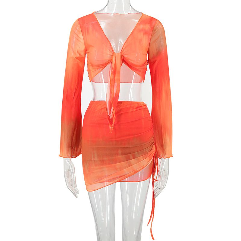 European and American women's tie dye printed V-neck strap mesh trumpet sleeve top skirt two-piece set with gradient beauty blue S