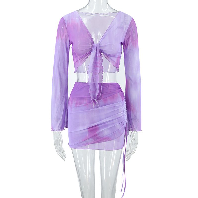 European and American women's tie dye printed V-neck strap mesh trumpet sleeve top skirt two-piece set with gradient beauty blue S