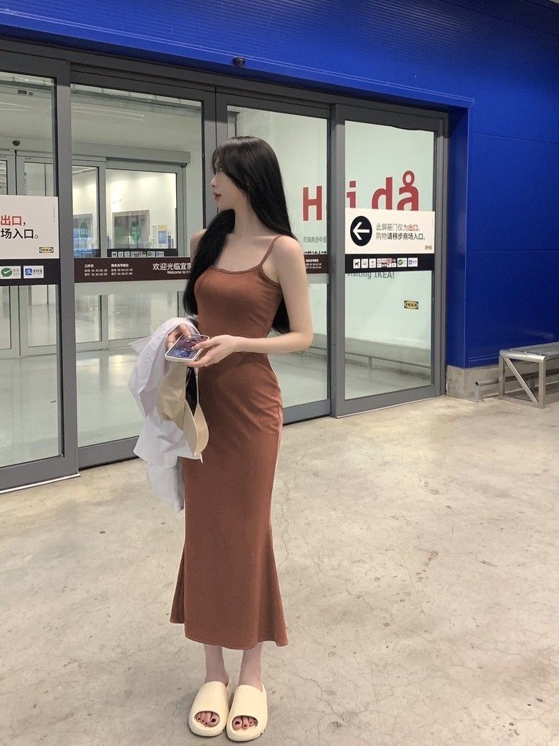 2*PC 2025 Sweet and Spicy Girl Sleeveless Waist and Bareback Strap Dress for Women's Summer Pure Desire Temperament Fish Tail Wrapped Hip Skirt pink S