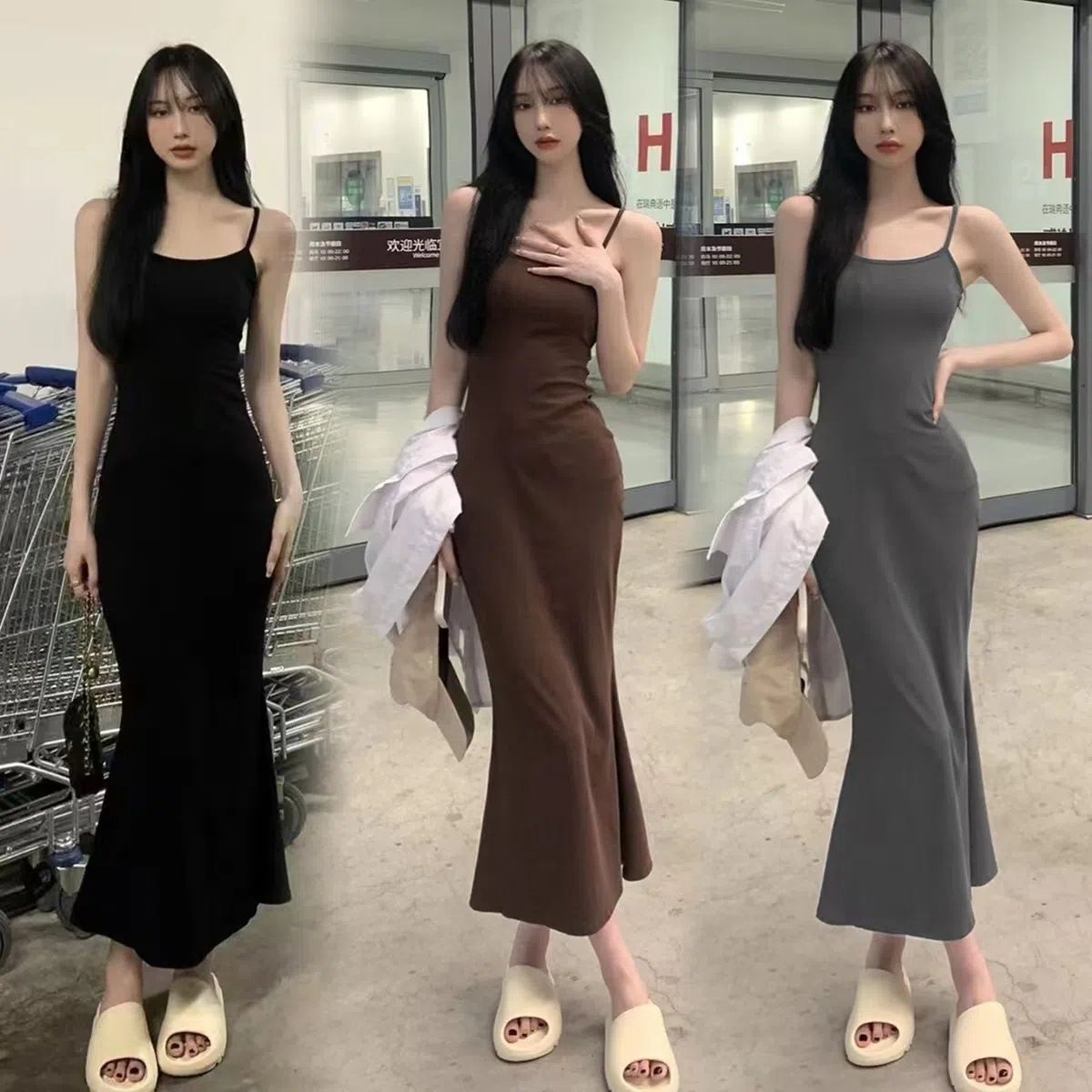 2*PC 2025 Sweet and Spicy Girl Sleeveless Waist and Bareback Strap Dress for Women's Summer Pure Desire Temperament Fish Tail Wrapped Hip Skirt pink S