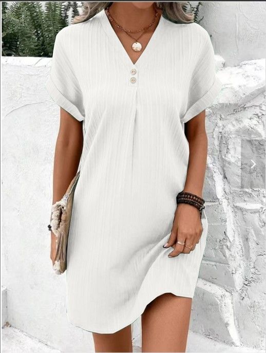 Cross border European and American women's clothing 2023 new Amazon V-neck solid color pullover comfortable casual button up dress white S