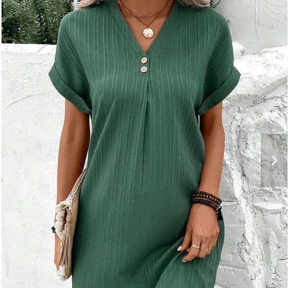 Cross border European and American women's clothing 2023 new Amazon V-neck solid color pullover comfortable casual button up dress white S